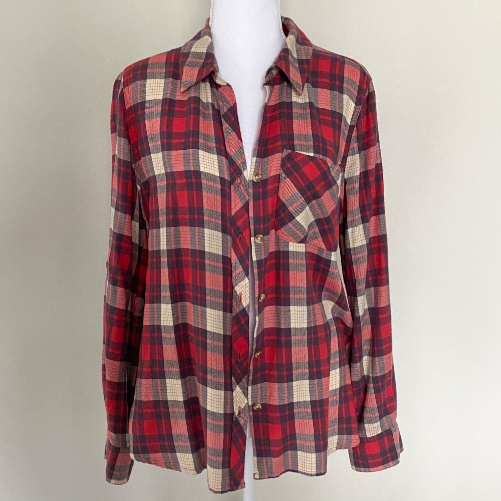 VELVET HEART Elisa Red Ivory Plaid Flannel Shirt Ez S